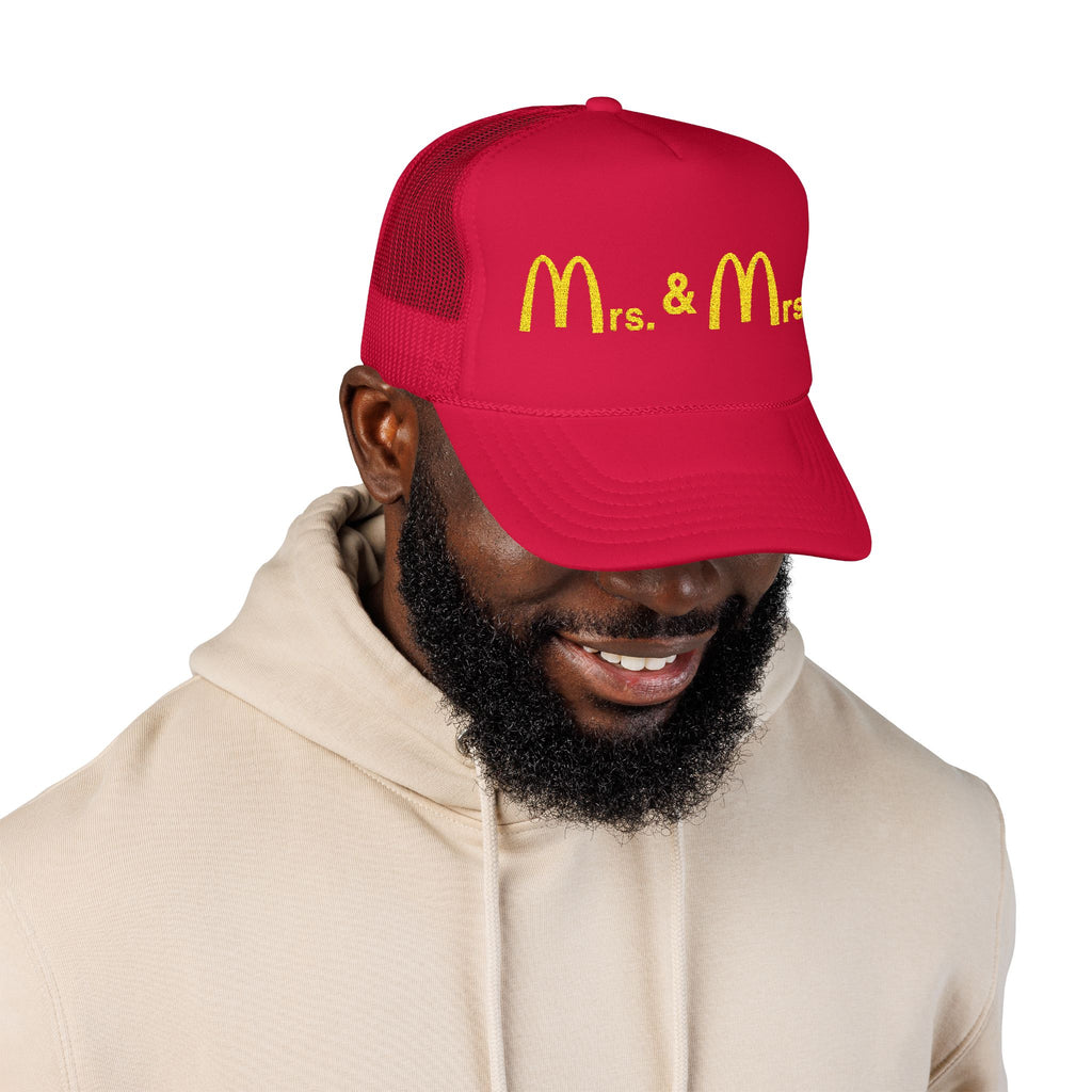 Mrs & Mrs Red Embroidered Trucker Hat - Girls, LGBTQ, McDonald Merch