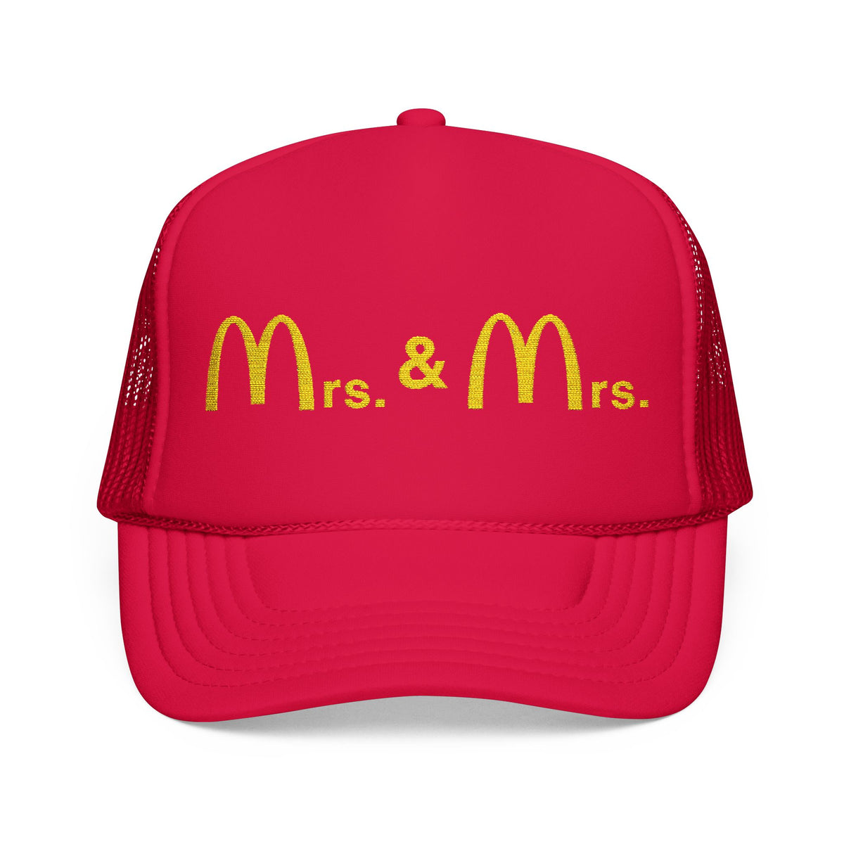 Mrs & Mrs Red Embroidered Trucker Hat - Girls, LGBTQ, McDonald Merch