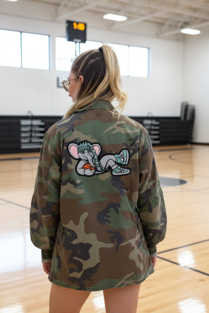Big Ellie chenille elephant patch on camouflage jacket